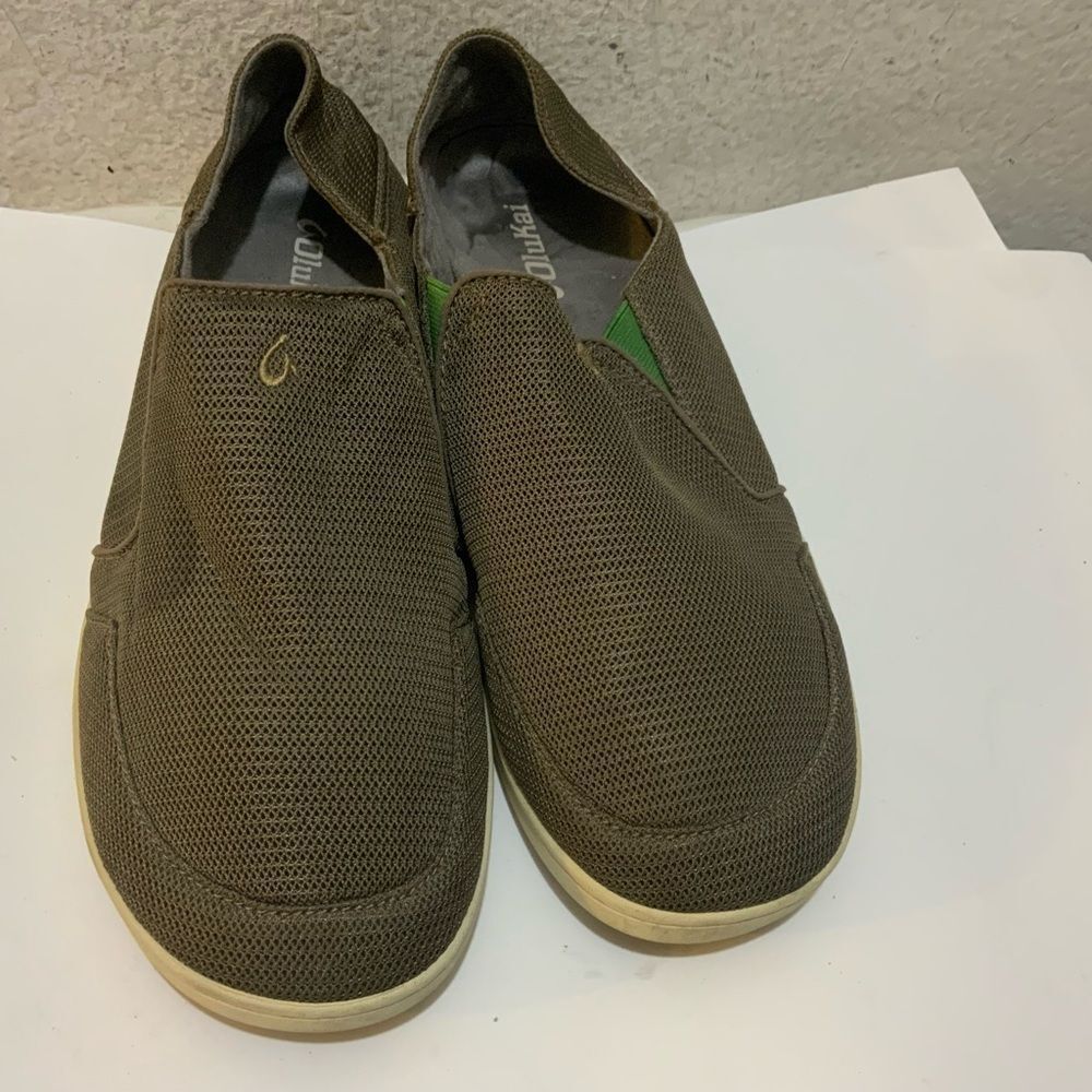Men's OluKai Nohea Mesh Mustang/Lime Peel Slip On Shoes Loafers